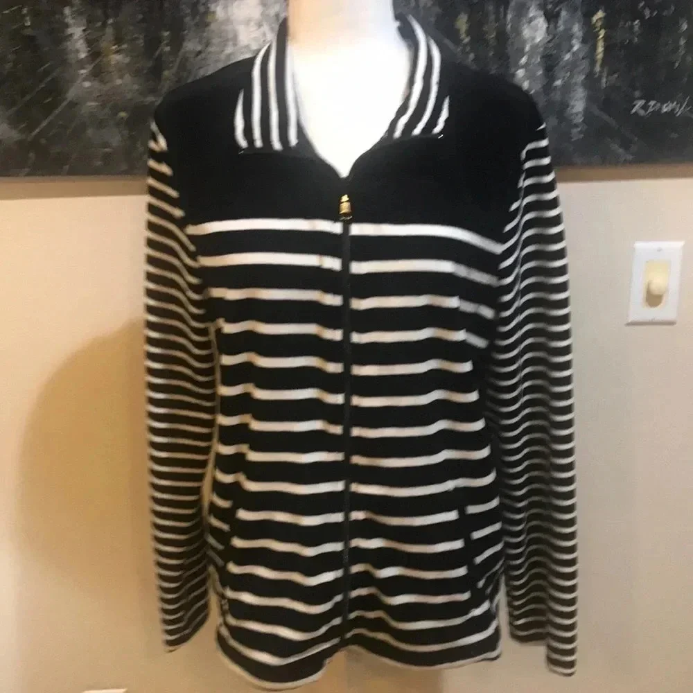 Onque Casual Velour Striped Front Zip and Pockets Striped Jacket Size XL